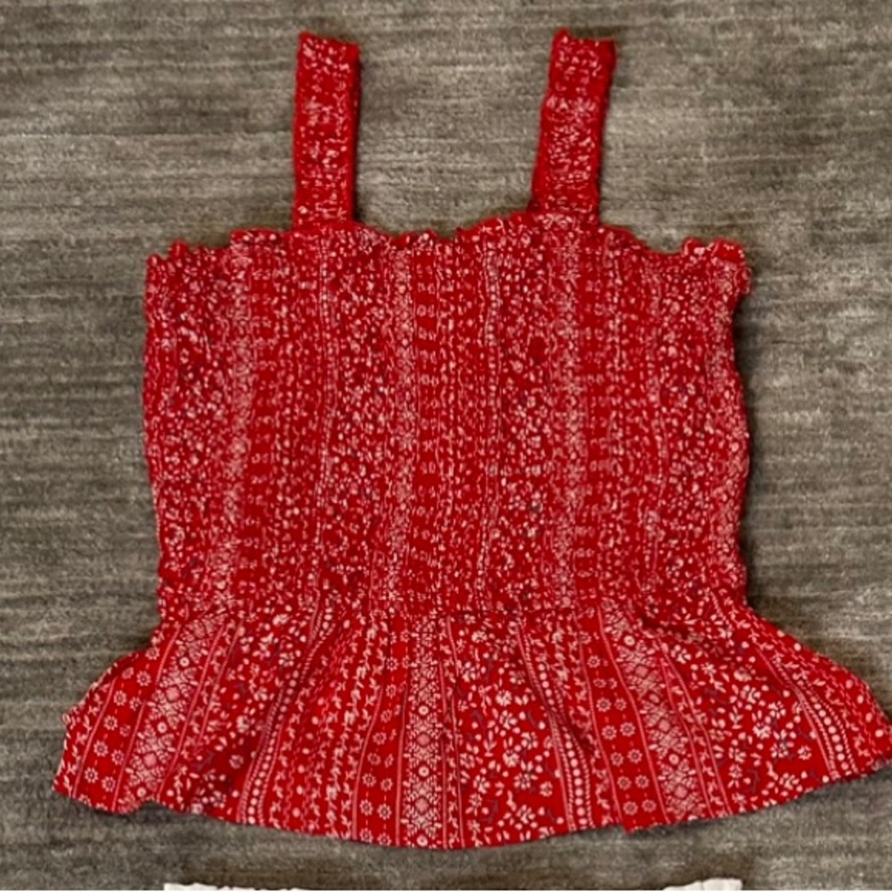 Smocked Red wide strap peplum style tank top with small floral print pattern